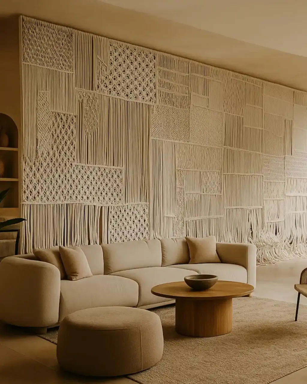 Instalación textil tipo biombo realizada en macramé contemporáneo · divisor arquitectónico en materiales orgánicos · Samore Studio