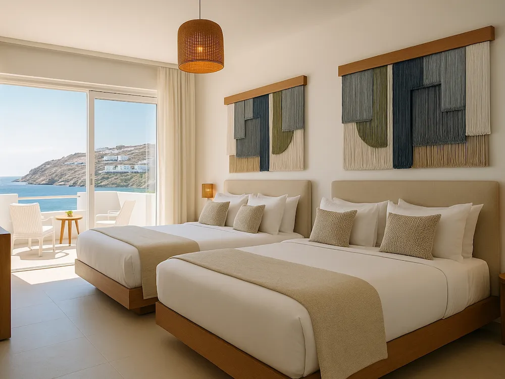 Cabecero decorativo de macramé en una habitación doble de hotel con estilo contemporáneo