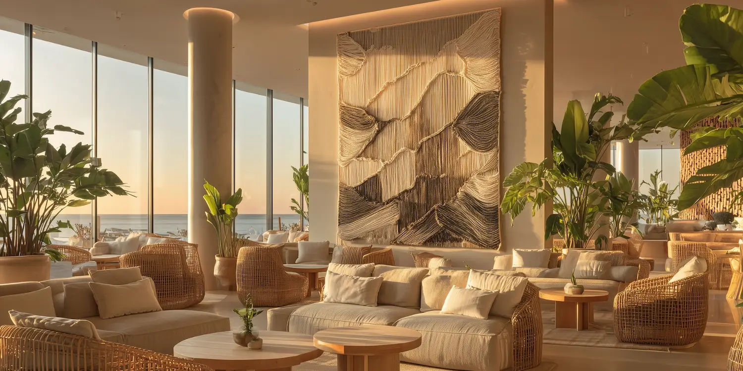 Tapiz mural de macramé contemporáneo en lobby de hotel mediterráneo · obra textil integrada como foco visual en interiorismo de lujo · Samore Studio