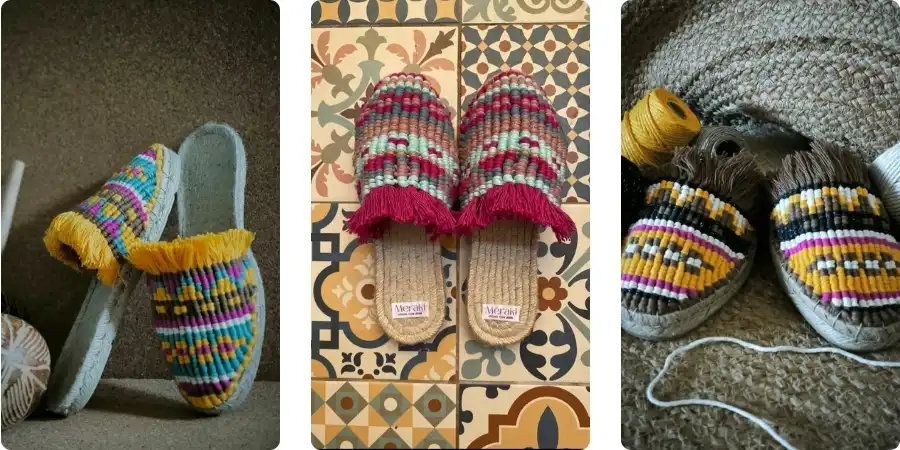 Ejemplos de Babuchas Kilim en macramé moderno · Proyectos terminados por alumnas del curso