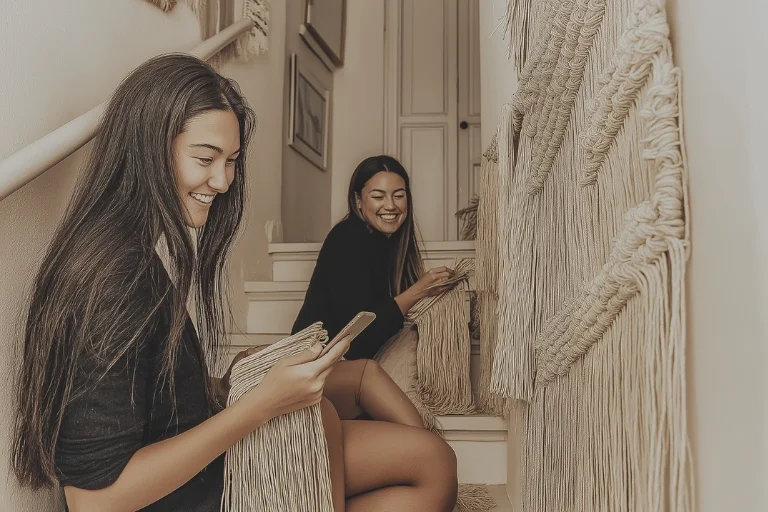 Dos mujeres compartiendo consejos de macramé en un ambiente cálido y cercano