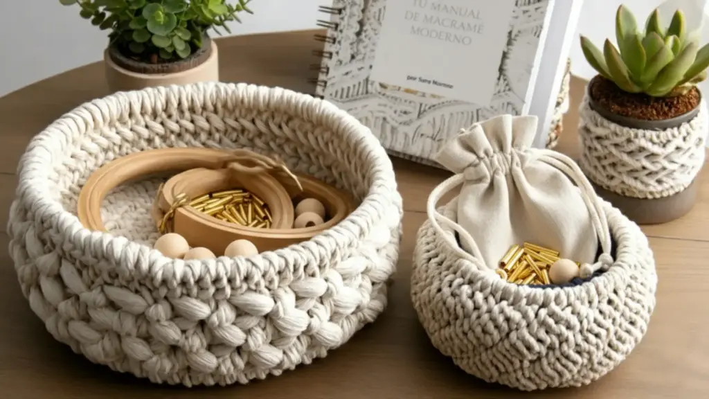 Cestos de macramé que incluyen abalorios, cuentas de madera y correas para macramé