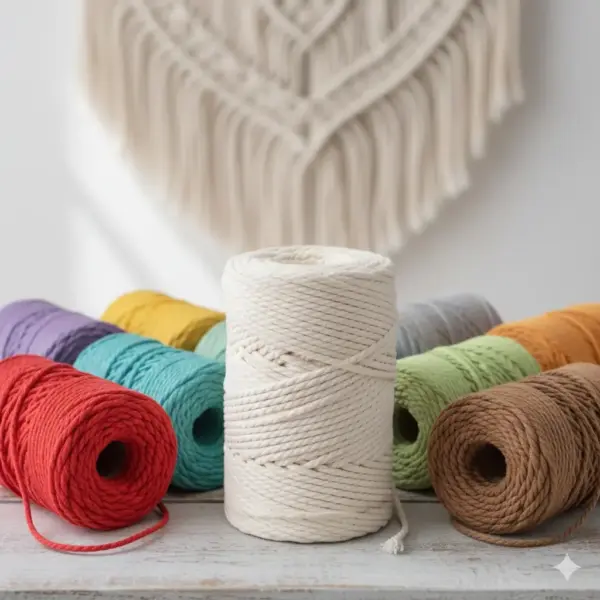 Cuerda de macra5m junto a bobinas de diferentes colores y al fondo en segundo plano tun tapiz difuminado