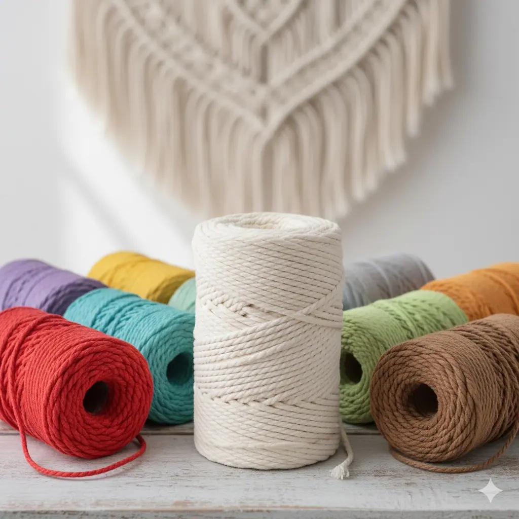 Cuerda de macra5m junto a bobinas de diferentes colores y al fondo en segundo plano tun tapiz difuminado