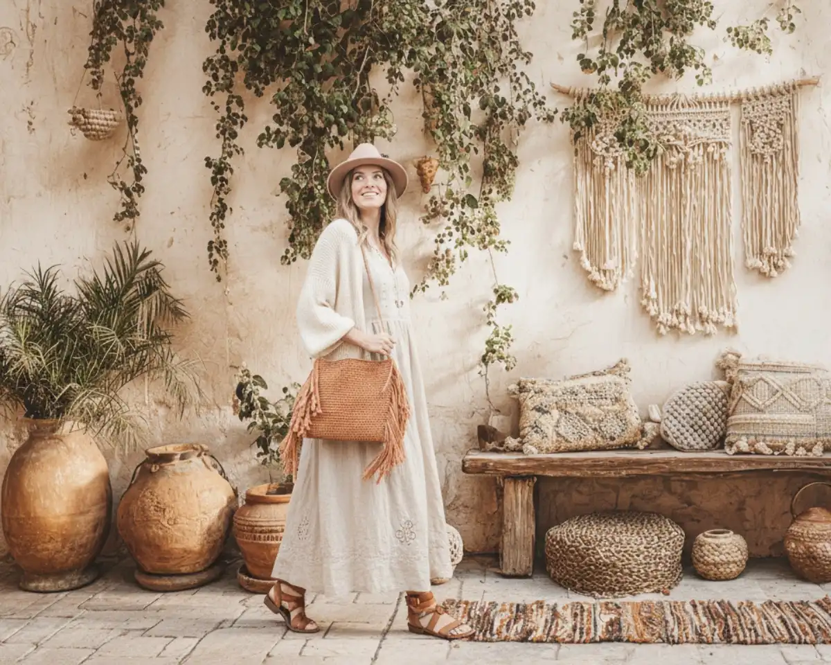 Mujer caminando con bolso de macramé hecho a mano en un ambiente boho y tapices de flecos al fondo