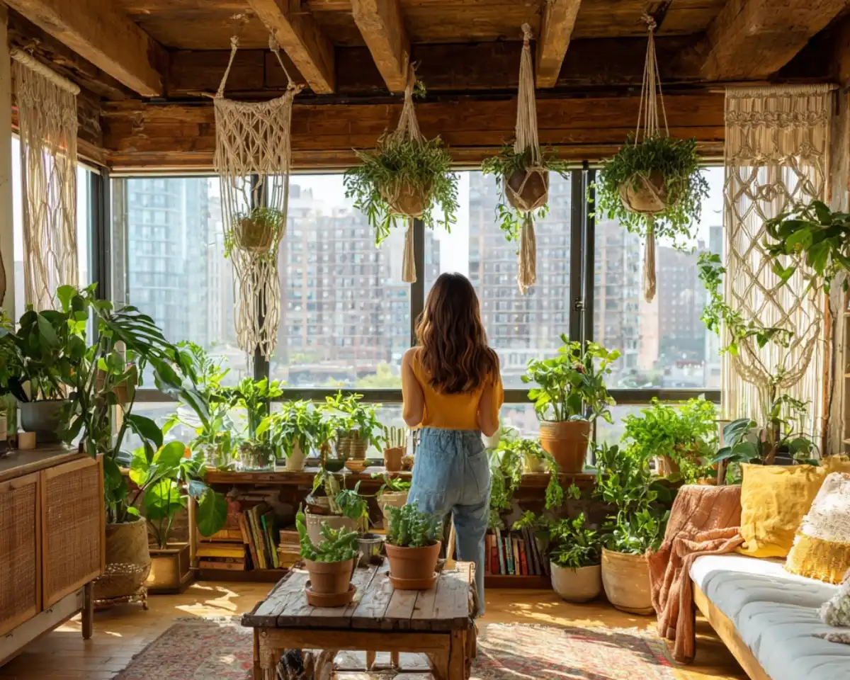 Mujer observando desde un espacio de calma con el horizonte de una ciudad, rodeado de portamacetas hechos de macrame moderno