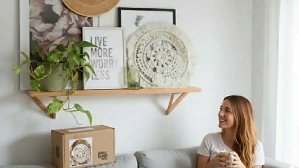 Tapiz circular de macramé decorando un salon de casa.