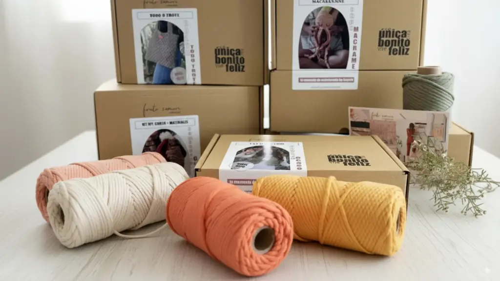 Kits de macrme que incluyen cursos y materiales en una caja preparada para hacer desde casa. De moda y decoracion