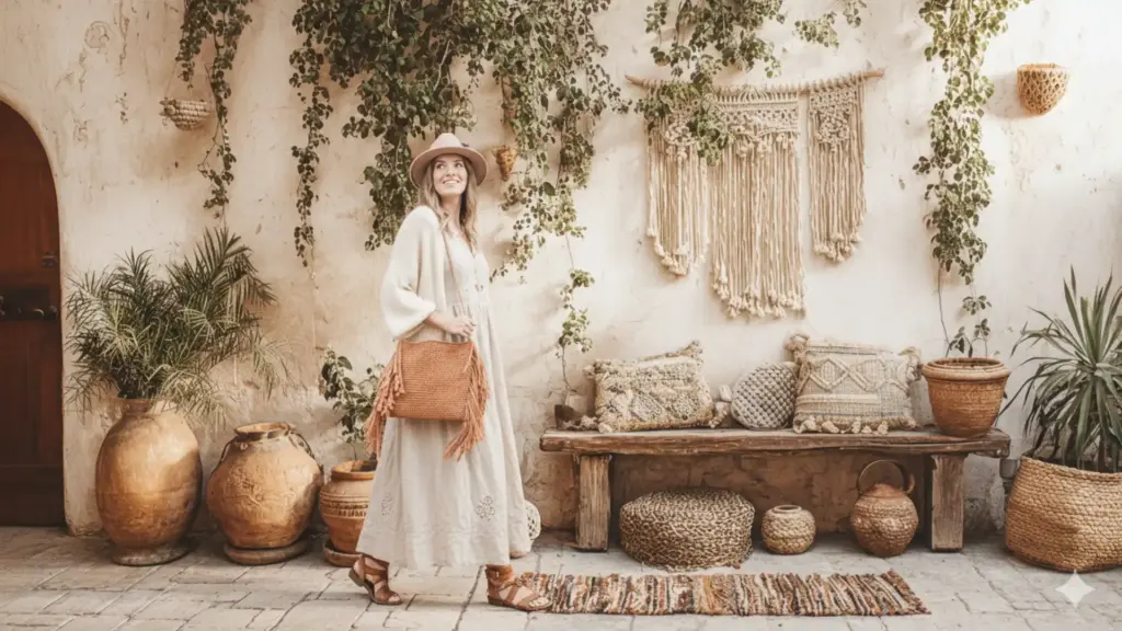 Mujer desfilando con bolso de macramé de flecos en escena boho