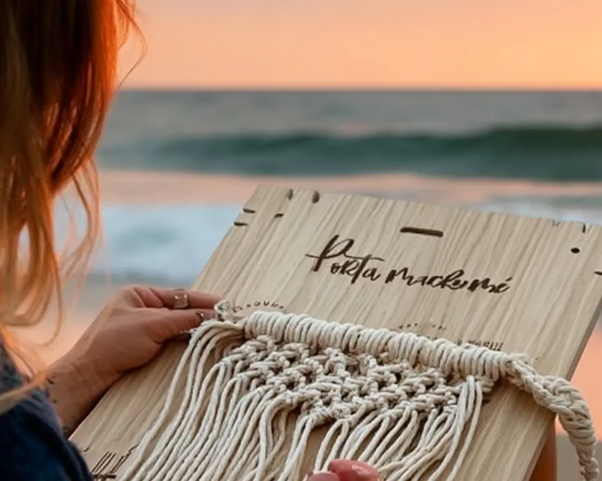Mujer usando macrame board de Fruto Samore, el Portamacrame, en la playa
