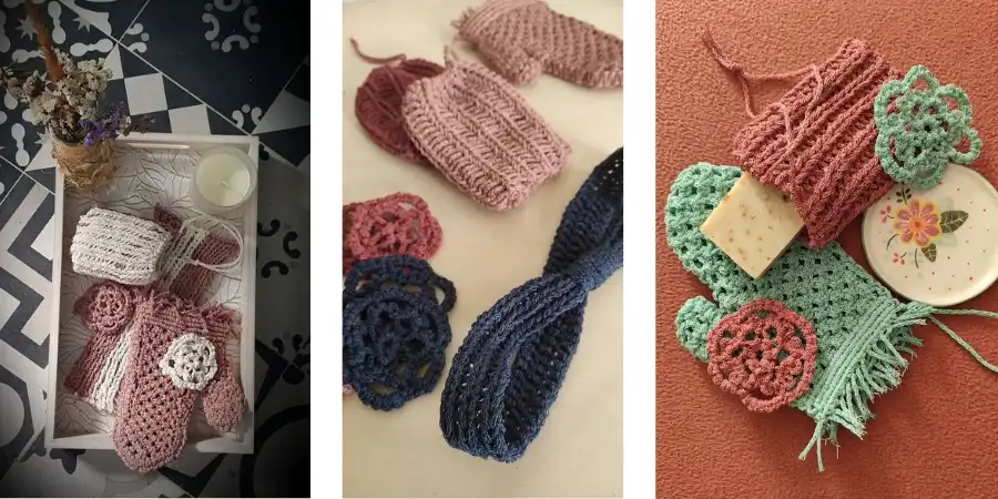 Accesorios de cuidado personal creados por alumnas de nuestro curso de SkinCare con macramé. Eco y sostenible.