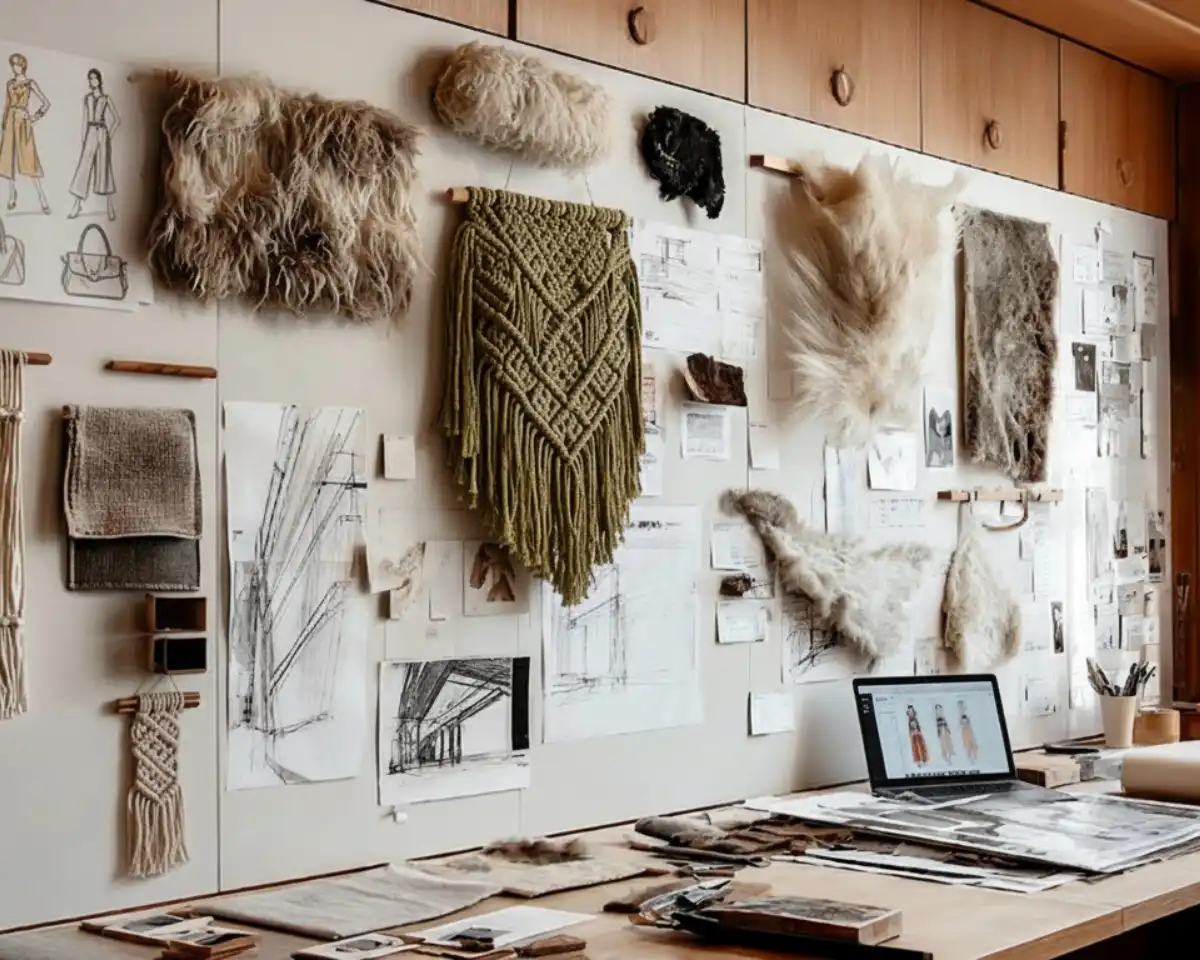 Moodboard en taller de diseño con bocetos, tapices inacabados, muestras de fibras naturales y bobinas de nuevos materiales para macramé moderno