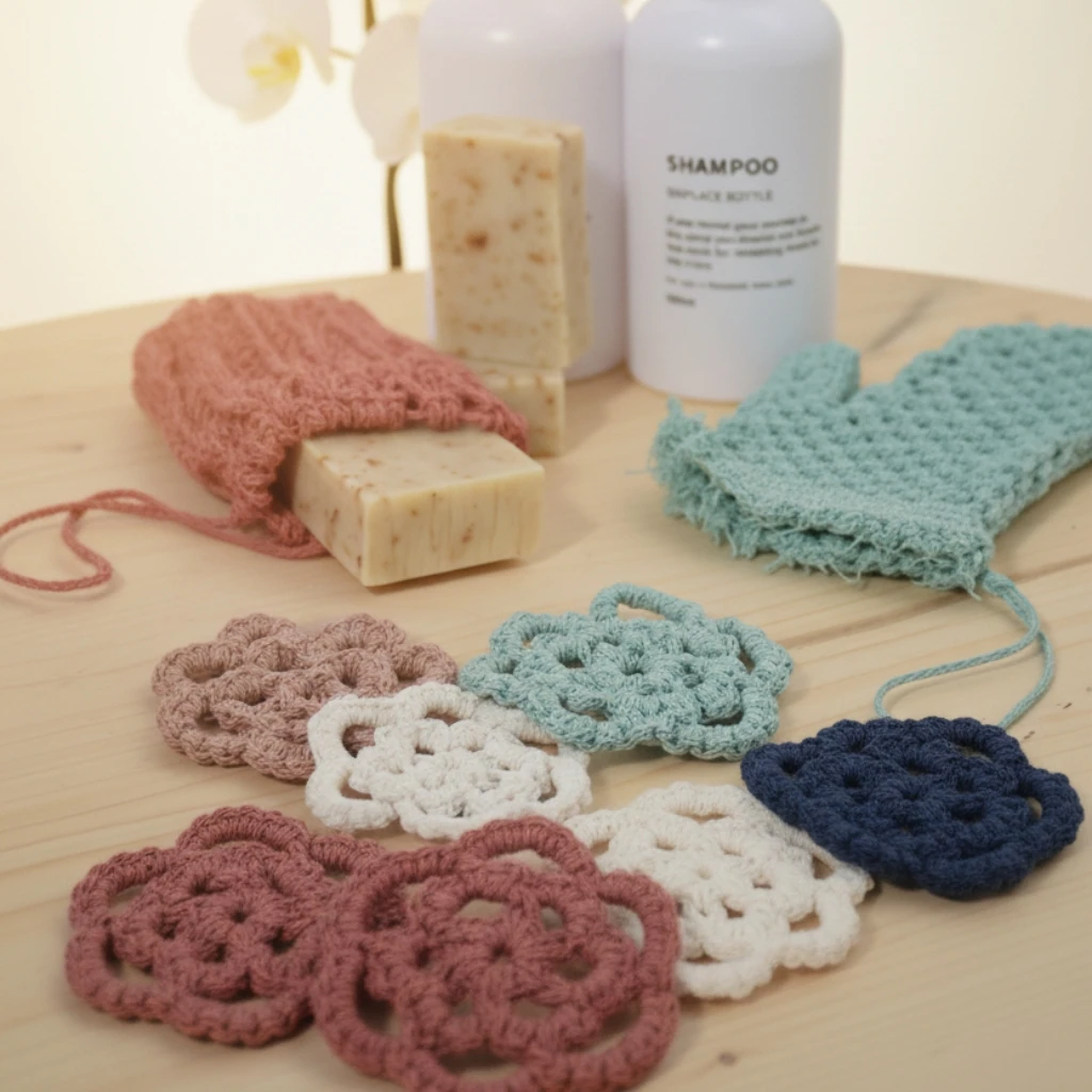 Elementos para una rutina skin care hechos de macramé moderno. Discos desmaquillantes, saco de jabón y guante exfoliante