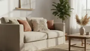 Cojín boho de macramé con flecos decorando salón