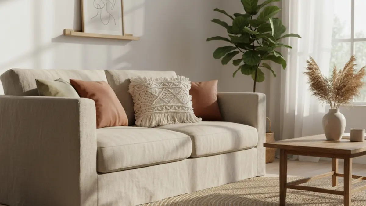 Cojín boho de macramé con flecos decorando salón