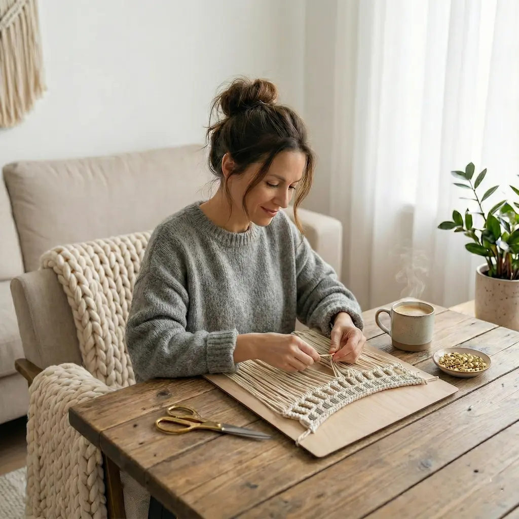 Persona disfrutando de un kit de macramé Fruto Samore · Idea de autorregalo creativo en Navidad