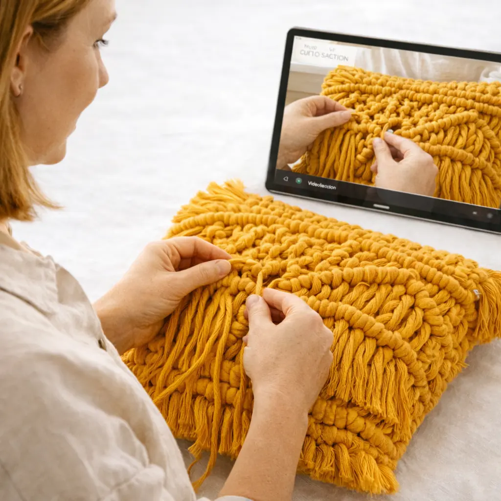 Mujer anudando su primer kit de macramé siguiendo el curso online paso a paso - Fruto Samore®