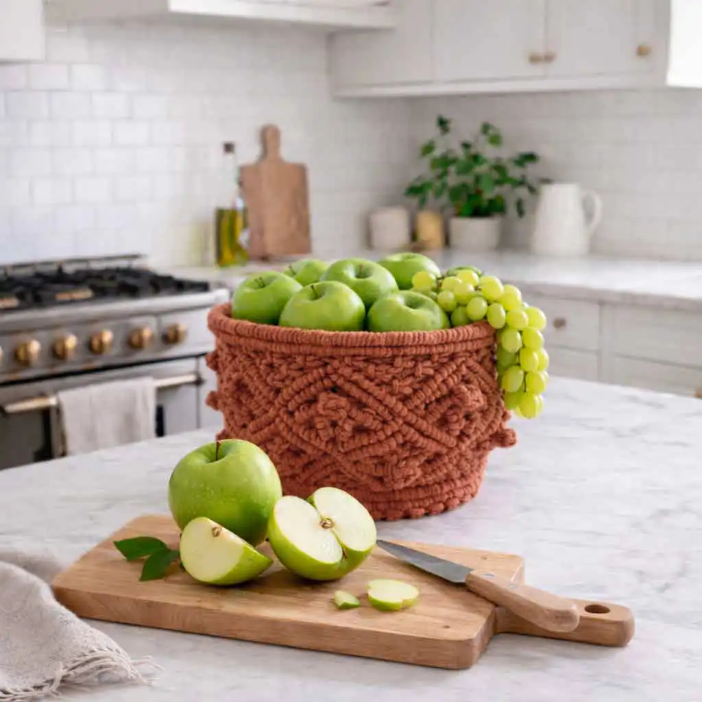 Frutero de macramé color teja con frutas sobre encimera de cocina