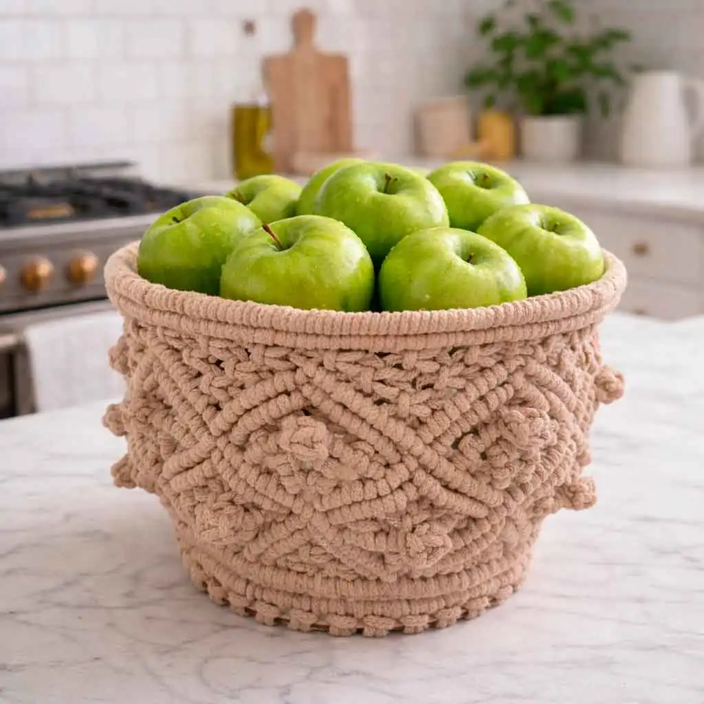 Frutero de macramé artesanal en cocina luminosa realizado con kit completo y base perforada