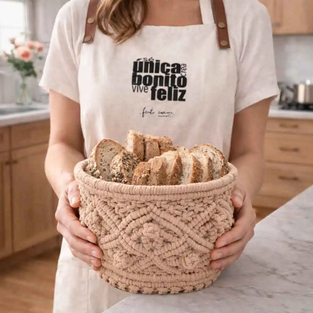 Persona sosteniendo panera de macramé realizado con kit DIY y curso paso a paso